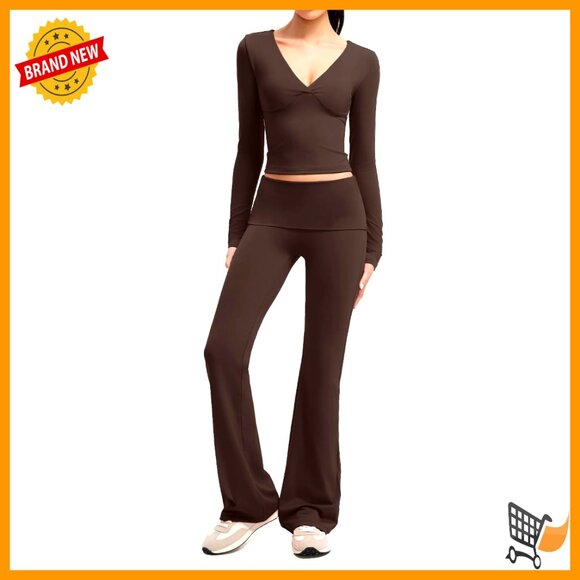 Pants - Y2K Two Piece Lounge Set V Neck Crop Top Fold Over Flare Leggings Tracksuit